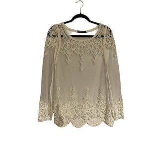 Sunnyfair Women SZ S Ivory Sheer Long Sleeve Embroidered Tunic Length Top
